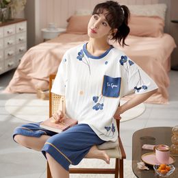 Women's Sleepwear Big Yards 5XL Cotton Women Pyjamas Set Floral Print Sleepwear Short Sleeve Casual Tracksuit 2 piece Sexy Summer Home Lounge Gift 230328