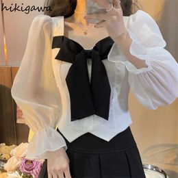 Women's Blouses Shirts 2023 Blusas Mujer De Moda Square Collar Long Sleeve Tunic Shirts Irregular White Blouses Crop Tops Fashion Korean Blouse Women Y2303