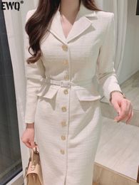 Casual Dresses EWQ sweet Notched Collar Dresses Women Beautiful Women Clothes Lace-up Waist Vestidos Office Ladies Tweed Robe spring Y39 230327