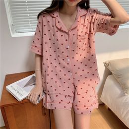 Women's Sleepwear cotton gauze summer home clothes shorts suit homewear short sleeve blouse breathable soft pajama set love heart print L884 230328
