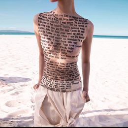 Women's T Shirts Summer Mesh See Through Letter Print Tops For Women 2023 O Neck Sleeveless Street Bodycon Flesh Tee Female