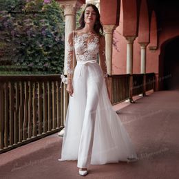 Party Dresses Modern Long Sleeve Jumpsuit Wedding Scoop Neck White Lace Appliques Boho Bridal with Detachable Train Robe Mariee 230328