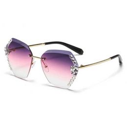 Top Luxury Designer Sunglasses 20% Off Rhinestone rimless cut edge for women in advanced sense large face slim anti ultraviolet diamond rimmed