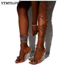 Sandals Fashion Womens Crystal Strappy Thigh High Boots Sexy Ladies Summer Over the Knee Sandals High Heels Party Strip Shoes Woman 230322