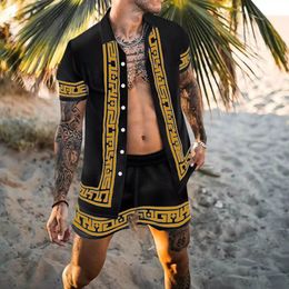 Mens Tracksuits Sets Print Patchwork Lapel Short Sleeve Casual Shirt Beach Shorts Summer Streetwear Vacation Hawaiian Suits S3XL 230328