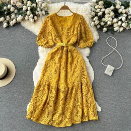 Summer Design Jacquard Cutout Temperament Dress with Waist Closure and Slim Medium Length Wrapped Hip Bubble Short Skirt Fairy Dress