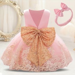 Girl's Dresses Pageant Ceremony Child Baptism 2 1 Year Birthday Baby Girl Clothing Princess Party Gold Bow Toddler Vestidos 230327