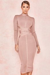 Casual Dresses Gaun Bodycon Rayon Kualitas Tinggi Turtleneck Perban Renda Lengan Panjang Bergaris Selutut Seksi Vestidos Dobanmbd 230328