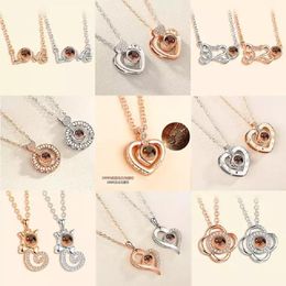 Chains Rose Gold&Silver Color Projection Pendant Necklace Crystal Women 100 Languages I Love You JewelryChains