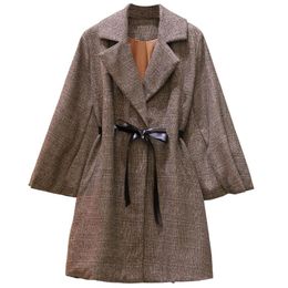 Women's Wool & Blends L-4XL Women Autumn Winter Waist-lacing Up Plaid Long Coat Jacket Oversized A-line Woollen Overcoat Casual Cardigan Cloa