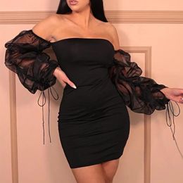 Casual Dresses Women's Sexy Open Back Dress With Chest And Buttocks Slim Fit Lace Up Pleated Gauze Mesh Bubble Sleeve Summer