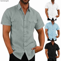 Men's Casual Shirts Male Casual Solid Blouse Double Pocket Short Sleeve Turn-Down Collar Shirts Man Tee Fashion Breathable Male Blouse Shirt Tops W0328