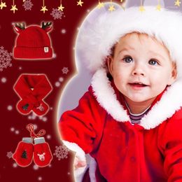 Scarves Children's Hat Scarf Gloves Three-piece Suit Plus Velvet Cute Antlers Baby Woollen Christmas Set Kimd22