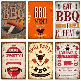 Vintage BBQ Party Time Metal Painting Plaque Retro Art Painting Tin Sign Wall For Garden Kitchen Home Living Room Decor Plate 30X20cm W03