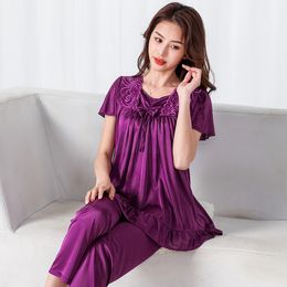 Women's Sleepwear Womens Lace Ice Silk Satin Pyjamas Set Short Sleeve Loose Plus Size M-5XL Nightwear Sleepwear Nighty for Ladies Pijama Sets 230328