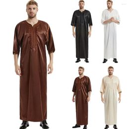 Ethnic Clothing Muslim Dubai Pakistan Jubba Thobe Half Sleeve Kaftan Satin Solid Abaya Embroidered Maxi Robe For Men Prayer Party Dress