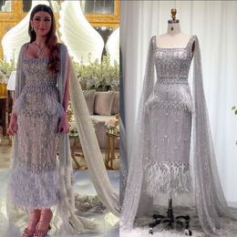 2023 Arabic Aso Ebi Silver Sheath Prom Dresses Lace Beaded Feather Evening Formal Party Second Reception Birthday Engagement Gowns Dress ZJ2020
