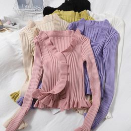 Women's Knits Ruffles Sweet Cute Cardigan Sweater Women Korean Fashion V Neck Long Sleeve Tops Tees Preppy Clothes 2023