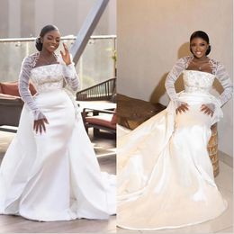 Plus Size Mermaid Wedding Dresses Crystal Beading Long Sleeve Satin Bride Dress With Detachable Tain Bridal Gowns