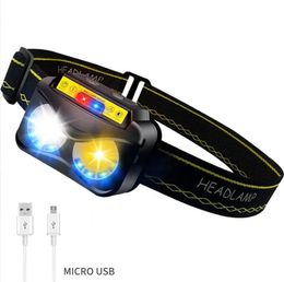 Super Bright Headlamp Flashlight Smart infrared Sensor mini Headlight 6 mode red Blue Yellow Lights Headlamp Rechargeable Cycling Camping Running Head lamp Lights