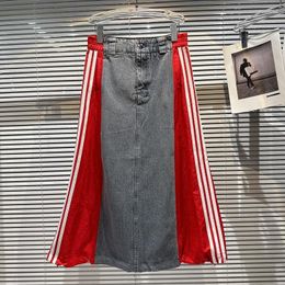 Skirts PREPOMP 2023 Summer Collection Stretch Waist Striped Contrast Colour Drawstring Long Denim Skirt Women GH628