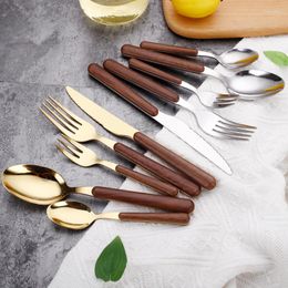 Dinnerware Sets 5Pcs Wooden Tableware For Kitchen Cutlery Set Stainless Steel Glossy Wood Western Knife Fork Teaspoon