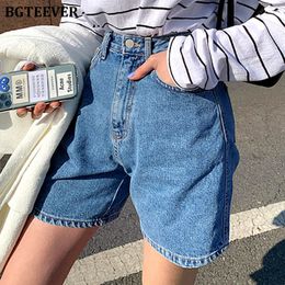 Women's Shorts BGTEEVER Casual High Waist Straight Jeans Shorts Summer Pockets Loose Female Blue Denim Shorts Ladies High Street Bottoms 230328