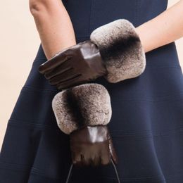 Five Fingers Gloves High Quality Elegant Lambskin Leather Fur Women Autumn Design Winter Thermal Female Driving Mittens S2406