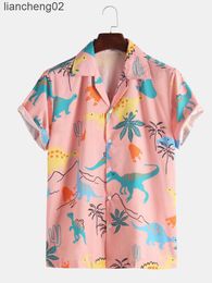 Men's Casual Shirts 2022 Cartoon Dinosaur 3D Printing Shirt Pink Lapel Button Short Sleeve Hawaiian Casual Breathable Oversized Korean Shirt W0328