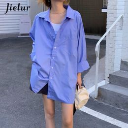 Women's Blouses Shirts Jielur Korean Mid-length Harajuku Women Shirts Loose Blouse Female Street Casual Cool Boyfriend White Blue Shirt Pocket S-L Y2303