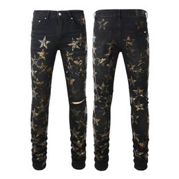 Black Ripped Designer Jeans Skinny Mens Fit Distressed Torn for Man Rip Pants Damaged Patchwork Long Zipper Distress Destroyed Denim Youth Slim Straight Hole 2091