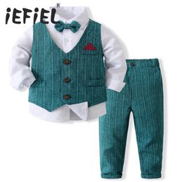 Pyjamas Toddler Baby Boys Gentleman Formal Outfits White Shirt Detachable Bow Waistcoat Long Pants British Style Birthday Party Suits 230327