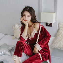 Women's Sleepwear Sexy Pyjamas For Women Sleeveless Strap Nightwear Long Pant Robe Autumn Winter Warm Set