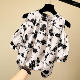 Women's Blouses Brand Women's Summer Chiffon Shirt Casual Short Sleeve Print Sweet Shirts Korean Ladies Tops Blusas Mujer Black Top