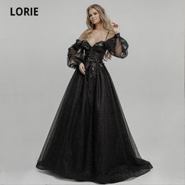 Party Dresses LORIE Black Glitter Wedding Puff Sleeves Long Spaghetti Strap Lace and Flowers Boho Bride Gown vestidos de novia 230328