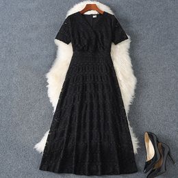 2023 Summer Black Solid Color Panelled Lace Dress Short Sleeve V-Neck Midi Casual Dresses M3M258B748