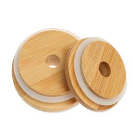 Bamboo Cap Lids Drinkware lid 70mm 88mm Reusable Bamboo Mason Jar Lids with Straw Hole and Silicone Seal