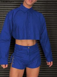 Men's Tracksuits Fashion Men Sets 2023 Solid Color Lapel Long Sleeve Crop Shirt Lace Up Shorts 2PCS Sexy Streetwear Men Suits S-5XL W0328