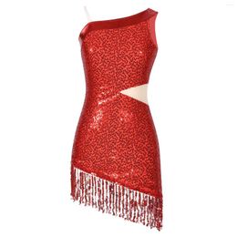 Stage Wear Womens Sparkly Sequin Latin Dance With Fringed Dress Asymmetric Shoulder Shiny Jazz For Performance Costumes