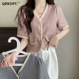 Women's Blouses Shirts Elegant Houndstooth V Neck Cropped Shirts Women Korean Fashion Short Sleeve Pearl Button Blouse Female Casual Loose Cardigan Top Y2303