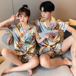 Women's Sleepwear Lovers pajamas Couple pajamas women summer ice silk short sleeve thin men plus size home service suit 230328