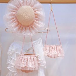 Caps Hats Elegant Fashion Children Sunhats Lace Mesh Princess Hat Cap Outdoor Beach Summer Plaited Straw Hat Bag for Girls Korean Style 230328