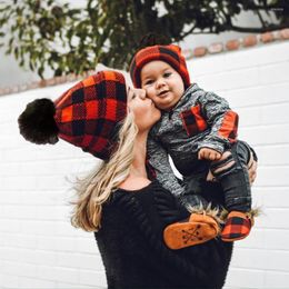 Hats Christmas Baby Girls Boys/Adult Knitted Hat Plaid Print Balls Woolen Outfits 0-3Y Babys