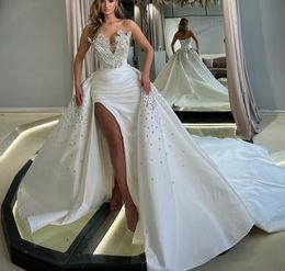 Stylish Mermaid Wedding Dresses Sleeveless V Neck Beaded Sequins Appliques Lace Sexy Satin Detachable Train Side Slit Bridal Gowns Plus Size Vestido de novia Custom