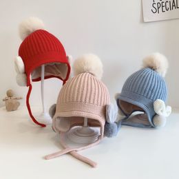 Caps Hats Autumn and Winter Children's Woollen Hat Cartoon Super Cute Baby Knitted Boys and Girls Wool Ball Warm Ear Protection Hat 230328