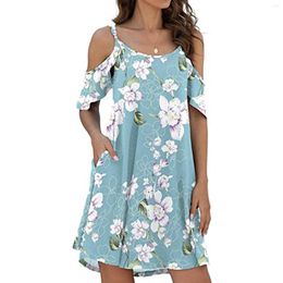 Casual Dresses Floral Print Women Cold Shoulder Short Sleeve Summer Female Pockets Loose Mini Beach Sundress Vestidos