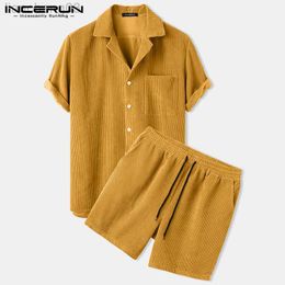 Men's Tracksuits Men Corduroy Sets Solid Colour Short Sleeve Lapel Button Shirts Shorts Chic 2023 Streetwear Mens Casual Suits S-5XL W0328
