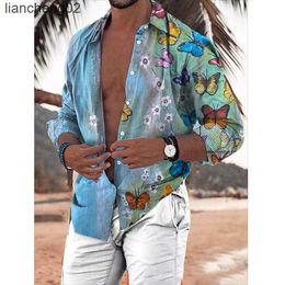 Men's Casual Shirts 2022 Hawaiian Butterfly Shirts For Men 3D Long Sleeve Flower Shirt Beach Blouse Oversized Tops Tee Shirt Homme Summer Clothing W0328