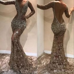 Vintage Sparkly Crystal Prom Evening Dress Long Sleeve Deep V neck Formal Party Gown Sexy Slit Pageant Gowns BC0975