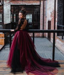 Party Dresses Gothic Black and Mulberry Magic Ombre Skirt Wedding Dress Boho Beach Backless Lace Long Sleeve Two Pieces Bridal Gown 230328